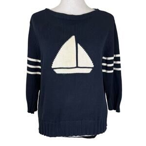 Vintage Liz Claiborne Sport Navy White Sailboat Knit Pullover Nautical Sweater